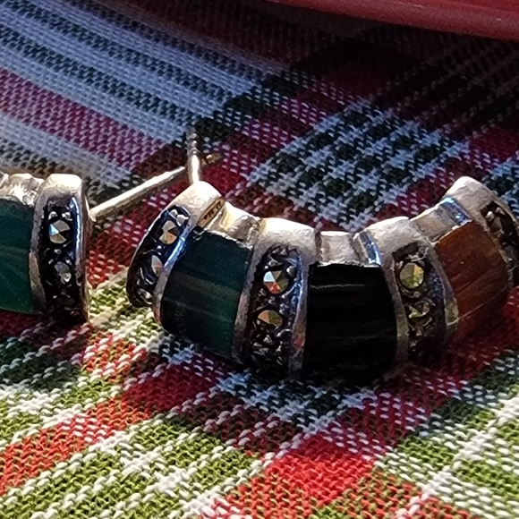 🗝Vintage Sterling Jade, Hematite, & Amber Marcasite Earrings - Picture 8 of 8